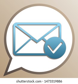 Mail sign illustration with allow mark. Bright cerulean icon in white speech balloon at pale taupe background. Illustration.