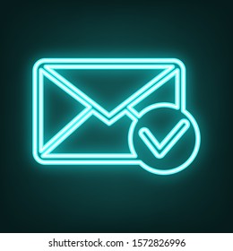 Mail sign illustration with allow mark. Cyan neon icon in the dark. Bluring. Luminescence. Illustration.