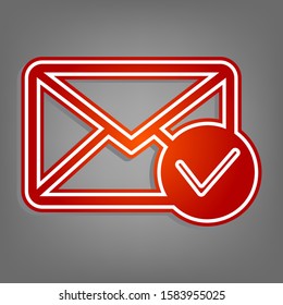 Mail sign illustration with allow mark. Flat red icon with linear white icon with gray shadow at grayish background. Illustration.