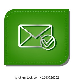 Mail sign illustration with allow mark. Silver gradient line icon with dark green shadow at ecological patched green leaf. Illustration.