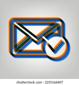 Mail sign illustration with allow mark. Stroked Icon in orange, azure and old lavender Colors at gray Background. Illustration.