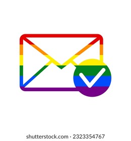 Ilustración de signo de correo con marca de permiso. Icono en fondo blanco, de los derechos LGBT gay arcoiris. Ilustración.