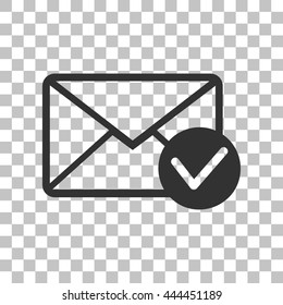 Mail sign illustration with allow mark. Dark gray icon on transparent background.