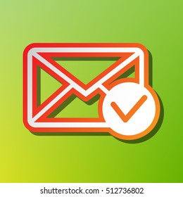 Mail sign illustration with allow mark. Contrast icon with reddish stroke on green backgound.
