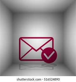Mail sign illustration with allow mark. Bordo icon with shadow in the room.