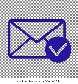Mail sign illustration with allow mark. Blue icon on transparent background.