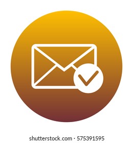 Mail sign illustration with allow mark. White icon in circle with golden gradient as background. Isolated.