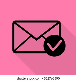 Mail sign illustration with allow mark. Black icon with flat style shadow path on pink background.