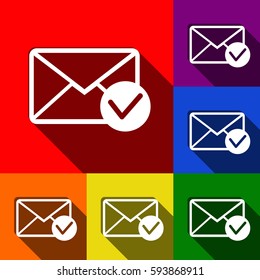 Mail sign illustration with allow mark. Vector. Set of icons with flat shadows at red, orange, yellow, green, blue and violet background.