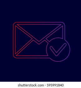 Mail sign illustration with allow mark. Vector. Line icon with gradient from red to violet colors on dark blue background.
