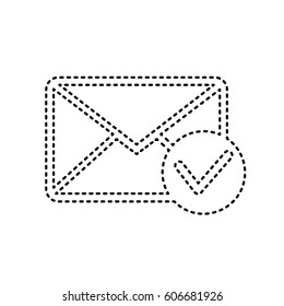Mail sign illustration with allow mark. Vector. Black dashed icon on white background. Isolated.