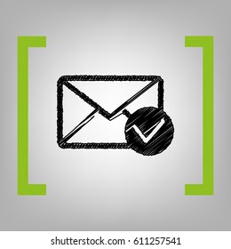 Mail sign illustration with allow mark. Vector. Black scribble icon in citron brackets on grayish background.