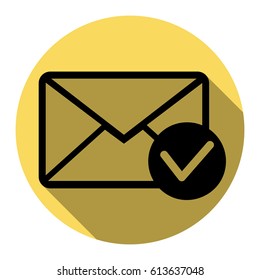 Mail sign illustration with allow mark. Vector. Flat black icon with flat shadow on royal yellow circle with white background. Isolated.