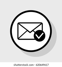 Mail sign illustration with allow mark. Vector. Flat black icon in white circle with shadow at gray background.