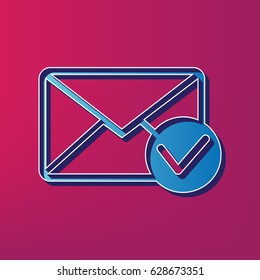 Mail sign illustration with allow mark. Vector. Blue 3d printed icon on magenta background.