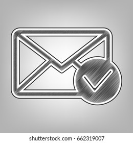 Mail sign illustration with allow mark. Vector. Pencil sketch imitation. Dark gray scribble icon with dark gray outer contour at gray background.