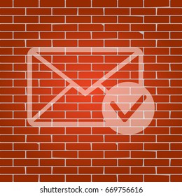 Mail sign illustration with allow mark. Vector. Whitish icon on brick wall as background.
