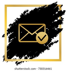 Mail sign illustration with allow mark. Vector. Golden icon at black spot inside golden frame on white background.