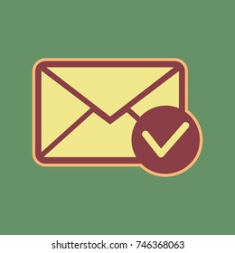 Mail sign illustration with allow mark. Vector. Cordovan icon and mellow apricot halo with light khaki filled space at russian green background.