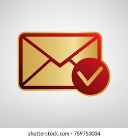 Mail sign illustration with allow mark. Vector. Red icon on gold sticker at light gray background.