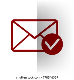 Mail sign illustration with allow mark. Vector. Bordo icon on white bending paper background.