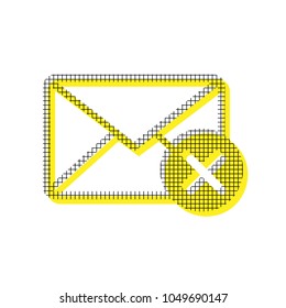 Mail sign illustration with cancel mark. Vector. Yellow icon with square pattern duplicate at white background. Isolated.