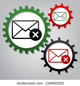 Mail sign illustration with cancel mark. Vector. Three connected gears with icons at grayish background.