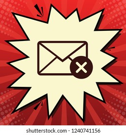 Mail sign illustration with cancel mark. Vector. Dark red icon in lemon chiffon shutter bubble at red popart background with rays.