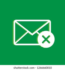 Mail sign illustration with cancel mark. Vector. White flat icon with yellow striped shadow at green background.