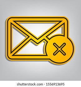 Mail sign illustration with cancel mark. Flat orange icon with overlapping linear black icon with gray shadow at whitish background. Illustration.