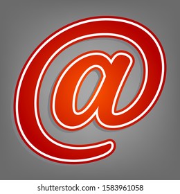 Mail sign illustration. Flat red icon with linear white icon with gray shadow at grayish background. Illustration.