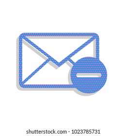 Mail sign illustration with remove mark. Vector. Neon blue icon with cyclamen polka dots pattern with light gray shadow on white background. Isolated.