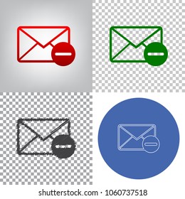 Mail sign illustration with remove mark. Vector. 4 styles. Red gradient in radial lighted background, green flat and gray scribble icons on transparent and linear one in blue circle.