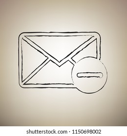 Mail sign illustration with remove mark. Vector. Brush drawed black icon at light brown background.