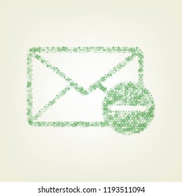 Mail sign illustration with remove mark. Vector. Green hexagon rastered icon and noised opacity and size at light green background with central light.