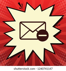 Mail sign illustration with remove mark. Vector. Dark red icon in lemon chiffon shutter bubble at red popart background with rays.