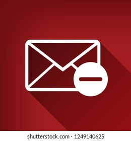 Mail sign illustration with remove mark. Vector. White icon with limitless shadow at ruby red background.