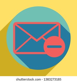 Mail sign illustration with remove mark. Sunset orange icon with llapis lazuli shadow inside medium aquamarine circle with different goldenrod shadow at royal yellow background.