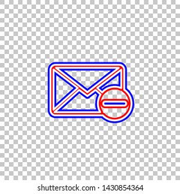 Mail sign illustration with remove mark. Red, white and contour icon at transparent background. Illustration.