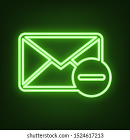 Mail sign illustration with remove mark. Green neon icon in the dark. Blurred lightening. Illustration.