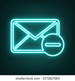 Mail sign illustration with remove mark. Cyan neon icon in the dark. Bluring. Luminescence. Illustration.