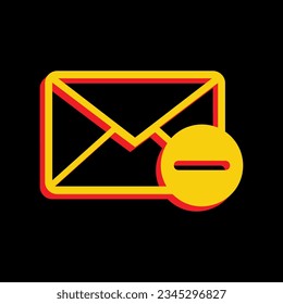 Mail sign illustration with remove mark. 3D Extruded Yellow Icon with Red Sides a Black background. Illustration.