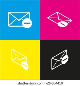 Mail sign illustration with remove mark. Vector. White icon with isometric projections on cyan, magenta, yellow and black backgrounds.