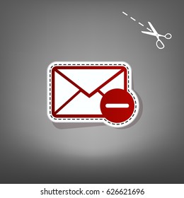 Mail sign illustration with remove mark. Vector. Red icon with for applique from paper with shadow on gray background with scissors.