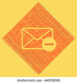 Mail sign illustration with remove mark. Vector. Red scribble icon obtained as a result of subtraction rhomb and path. Royal yellow background.