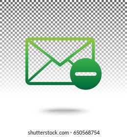 Mail sign illustration with remove mark. Vector. Green gradient icon with shadow at bottom on transparent and white background.
