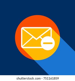 Mail sign illustration with remove mark. Vector. White icon on tangelo circle with infinite shadow of light at cool black background. Selective yellow and bright navy blue are produced.