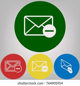 Mail sign illustration with remove mark. Vector. 4 white styles of icon at 4 colored circles on light gray background.