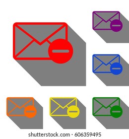 Mail sign illustration. Set of red, orange, yellow, green, blue and violet icons at white background with flat shadow.