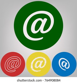 Mail sign illustration. Vector. 4 white styles of icon at 4 colored circles on light gray background.